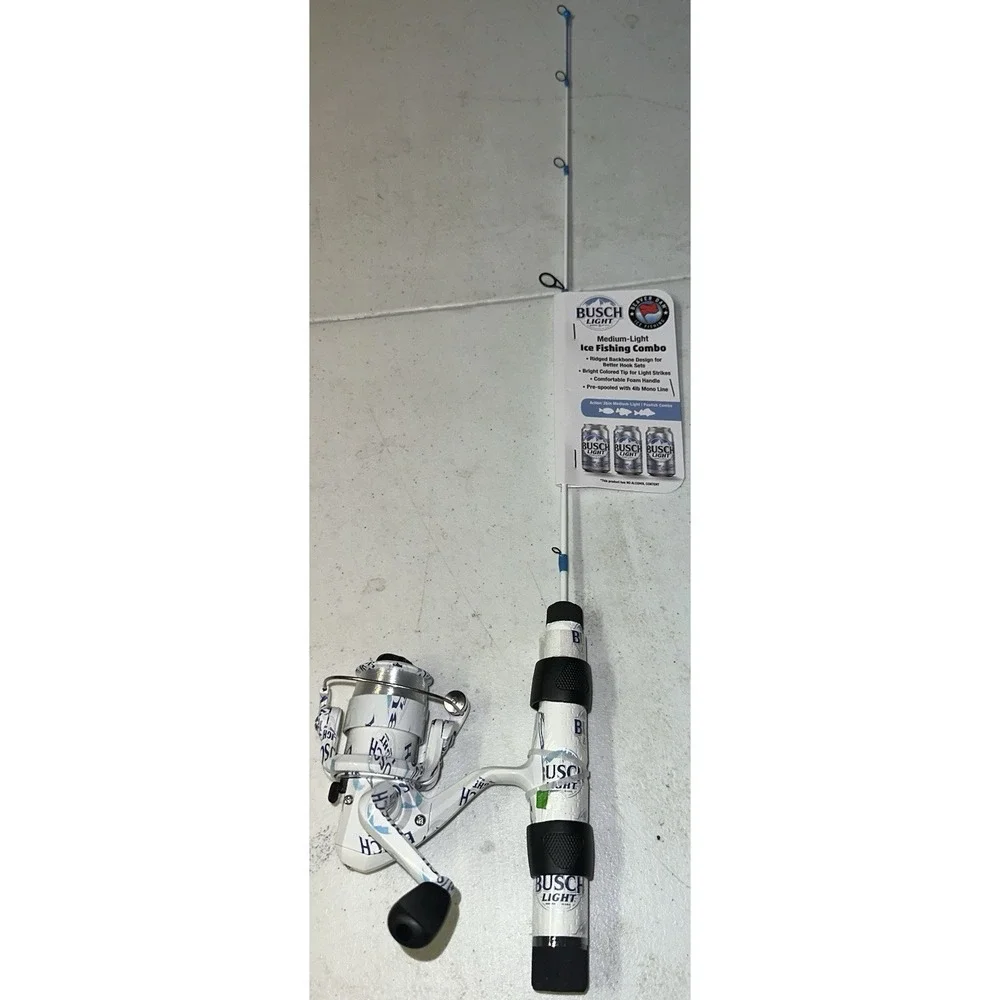 Busch Light Medium Light Ice Fishing Combo Spinning Reel Rod White Blue Black 26